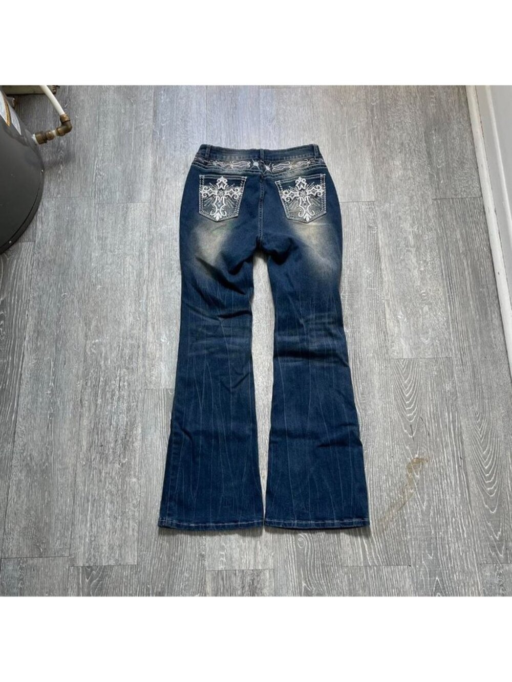 Navy Blue / White Y2K Faded / Embroidered / Studded / Flared / Wide Leg Jeans